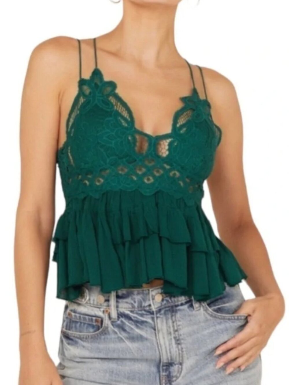 NWT Free People Adella Lace Cami Women's S Green Bralette Boho Romantic Layered